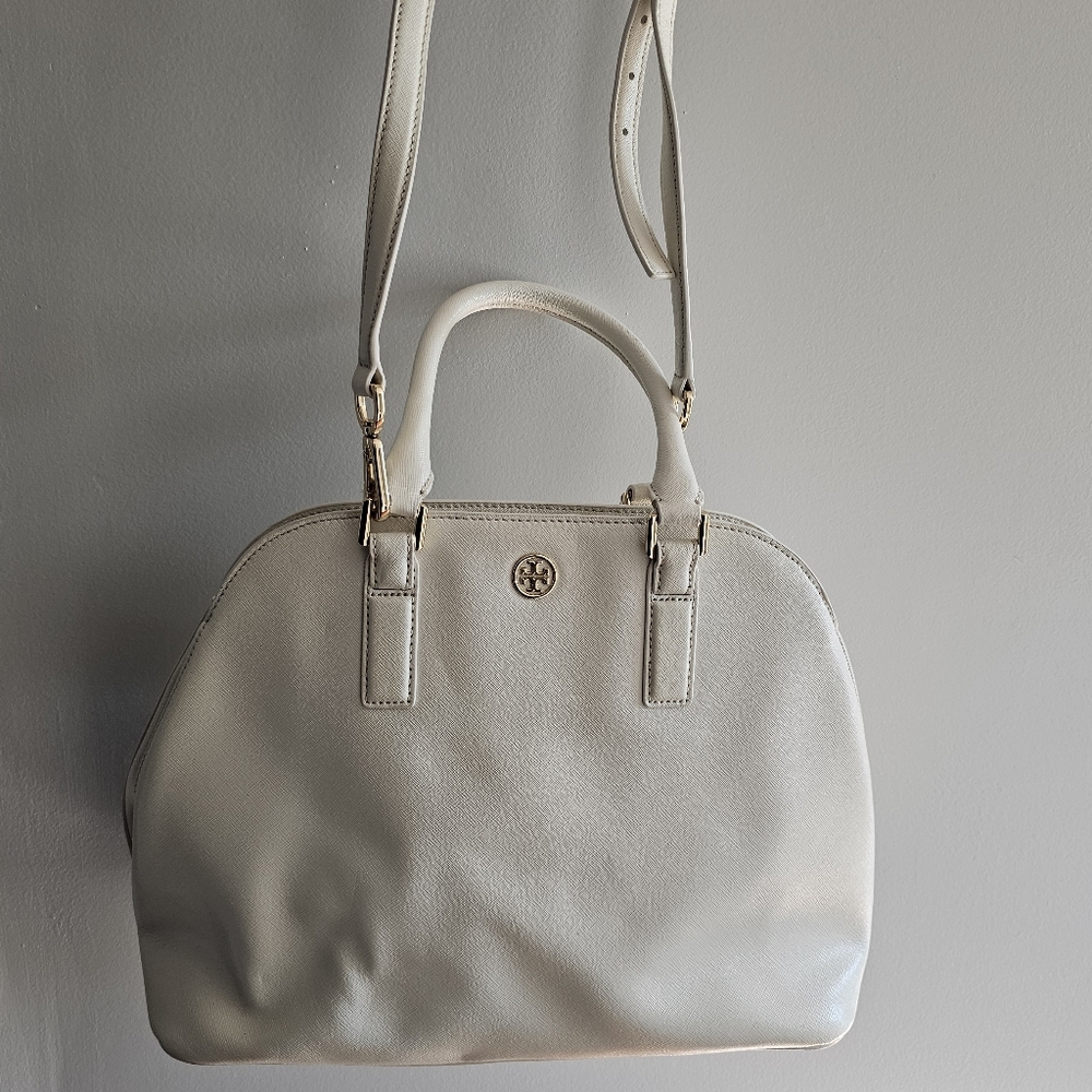 White Tory Burch Crossbody Leather Purse With Gold Accents